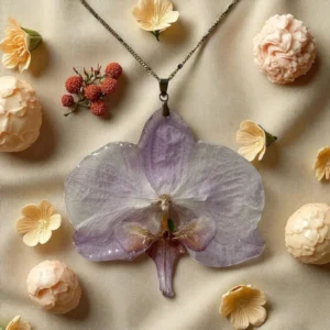 Collier doré orné d’une orchidée séchée mauve pâle, bijou floral unique fait main – L’Atelier d’Emy‑Lys