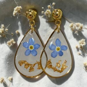 Boucles d’oreilles Myosotis et feuille d’or 24k